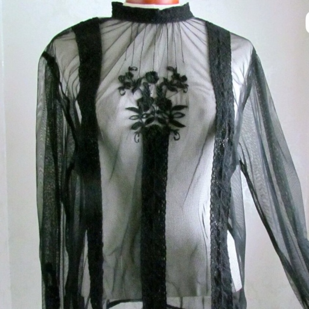 BLACK SHEER BLOUSE w LACE DESIGNS, XL, RESUME SPECIAL OCCASION TOP